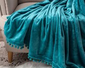 BEST SELLING Turquoise Blue Pom Pom Throw Blanket PlushThrow Blanket Holiday Queen Twin Size Bed Blanket Large Plush Throw Blanket