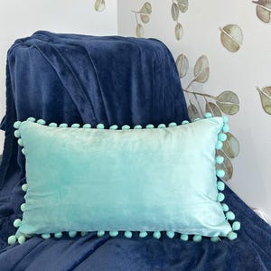 Sea Green Velvet Throw Pillow Cover: Aqua Pom Pom Cushion Boho Style