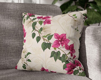 Funda de almohada con estampado de buganvillas mediterráneas / Funda de cojín rosa brillante
