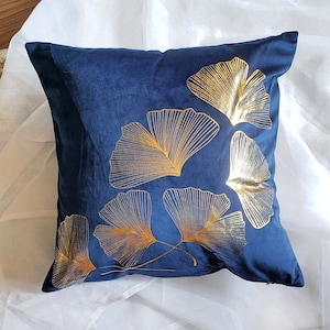 Blue Velvet Pillow Cover | Floral Blue Pillow Case | Decorative Velvet Pillow Cover | Gold Ginkgo Floral Pillow Sham | Cushion Case 18 x 18