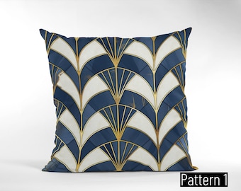 Navy Blue Art Deco Floral Pillow Cover: Vintage Style Cushion Case