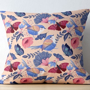 Floral Bird Butterfly Pillow Cover: Folk Art Cushion Case