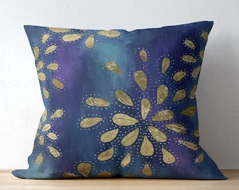 Funda de almohada con diseño floral de acuarela azul: almohada con acento de arte abstracto
