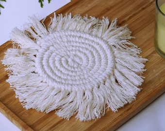 Cotton Macrame Coasters | Natural White Spiral Woven Coasters | Handmade Glass Tea Coasters | Macrame Coaster Set | Handmade Fringe Coasters