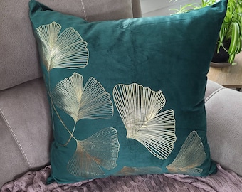 Green Velvet Pillow Cover: Gold Ginkgo Leaf Print, Decorative Cushion