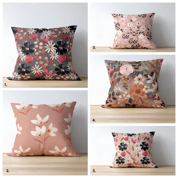 Brown Peach Neutral Floral Pattern Pillow Covers | Flower Design Boho Cushion Cover | Cream Black Neutral Cushion Case | Decorative Pillow