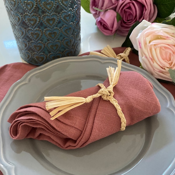 Serviettes en lin rose | 20 « Solid Style Pure Linen Dark Salmon Pink Fabric Serviettes |  Serviettes lavées à la pierre | Ensemble de 4 serviettes de cuisine