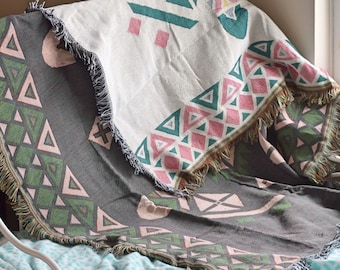 Boho Cotton Blend Throw Blanket: Woven Sofa Blanket with Fringe