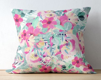 Roze kussensloop met bloemen: paarse abstracte bloemenprint, vierkante kussenhoes