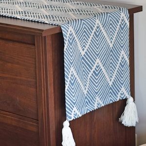 Blue Cotton Table Runner: Modern Geometric Fringe Decor