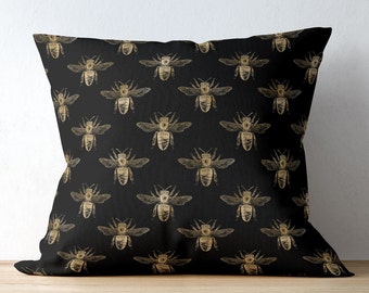 Honey Bee Print Pillow Cover: Modern Beige & Black Throw Pillow