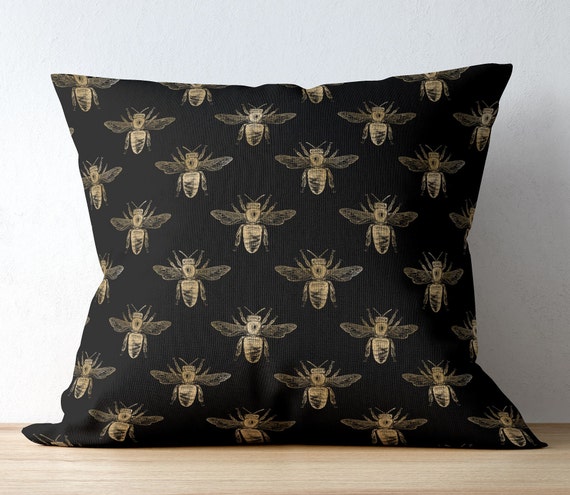 Honey Bee Print Pillow Cover: Modern Beige & Black Throw Pillow