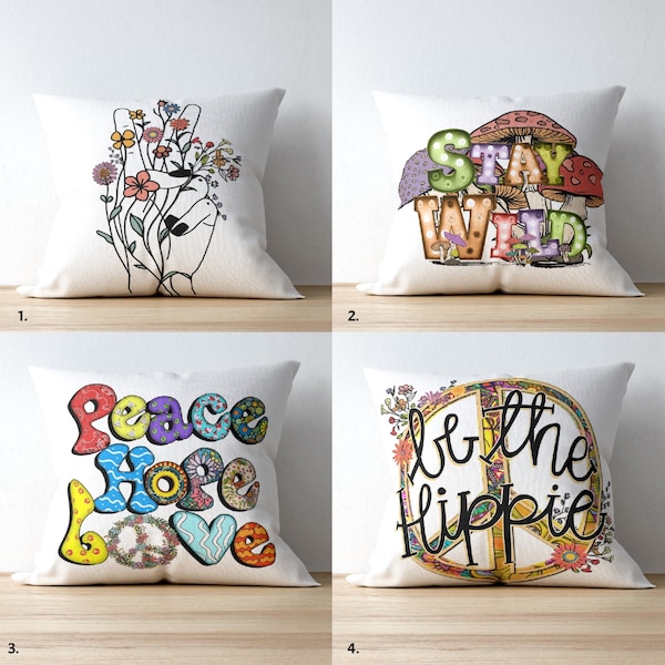 Hippie Throw Pillow Case | Decorative Throw Pillow Cover | Peace Love Decorative Cushion Case | Contemporary Modern Square Pillow case, Gift