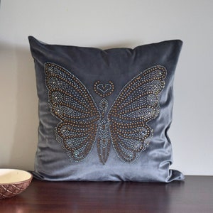 Butterfly Sequins Velvet Throw Pillow Cover, Gray Pillow Case, Velvet Pillow Cover, Decorative Gray Pillow Cover, Velvet Cushion Case