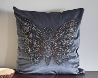 Butterfly Sequins Velvet Throw Pillow Cover, Gray Pillow Case, Velvet Pillow Cover, Decorative Gray Pillow Cover, Velvet Cushion Case