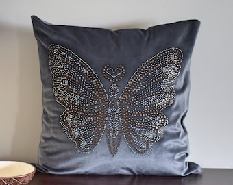 Butterfly Sequins Velvet Pillow Cover: Decorative Gray Cushion Case