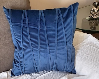 Blue Velvet Throw Pillow Cover | Piping Pattern Velvet Pillow Cover |  Velvet Cushion Cover | Soft Velvet Cushion Case | Navy Pillow Cover