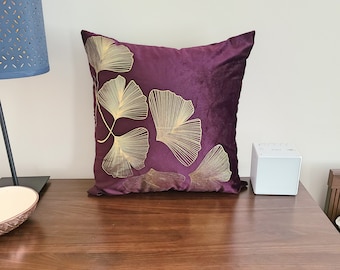 Eggplant Velvet Pillow Cover: Gold Gingko Leaf Pattern
