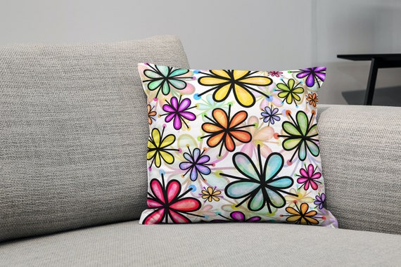 Doodle Flower Pattern Pillow Covers 14 X 14 16 X 16 18 X 18 Etsy