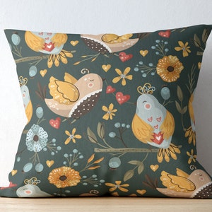 Floral Bird Pattern Pillow Cover: Spring Folk Art Cushion