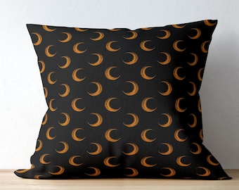 Black Halloween Pillow Cover: Crescent Moon Print, Modern Throw Pillow Case