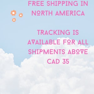 Puede incluir: Texto rosa sobre un fondo de cielo azul con nubes blancas. El texto dice "ENV&Iacute;O GRATIS A NORTEAM&Eacute;RICA SEGUIMIENTO DISPONIBLE PARA TODOS LOS ENV&Iacute;OS POR ENCIMA DE CAD 35".
