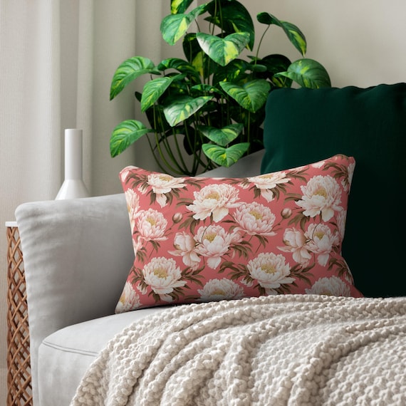 Pink Coral Peonies Throw Pillow: Watercolor Floral Cushion Cover