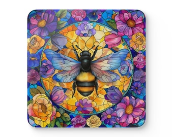 May include: A colorful stained glass style illustration of a bee surrounded by flowers. The bee has black and yellow stripes and blue wings. The flowers are in shades of pink, purple, yellow, and blue.