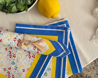 Blue Multicolor Floral Print Fabric Napkins | 14" Printed Summer Dinner Napkins | Handmade Printed Table Linen | Set of 4 Napkins |