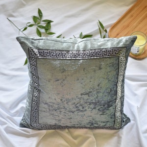 Crushed Gray Velvet Throw Pillow Cover | Silver Gray Pillow Case | Decorative Velvet Pillow Cover | Greek Lace Pattern Pillow Cover