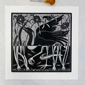 Heron in the lilies linocut print in black, heron linocut,bird linocut,wild waterbird art,bird blockprint,bird lovers gift,bird art, lilies