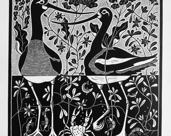 Avocet Linocut Print, black and white water bird Art, shrimp and crab tidal pool blockprint,fine art animal lino print