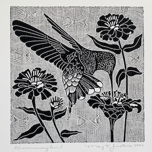 Hummingbird in the zinnias linocut in black,hummingbird linoprint,bird in zinnias,linocut,bird art, art gift for bird lover,bird wall art