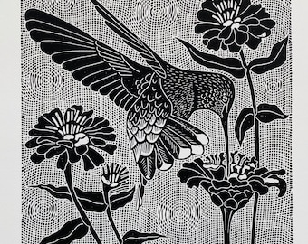 Hummingbird in the zinnias linocut in black,hummingbird linoprint,bird in zinnias,linocut,bird art, art gift for bird lover,bird wall art