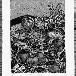 Apple Picking linocut in black,Apple linoprint,Apple block print,limited edition Lino print ,cedar waxwing linocut,bird art,handcarved art