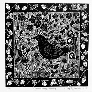 Strawberry Spring linocut in black,Blackbird in the Garden Linocut print , wildflower art, original art, nature linocut
