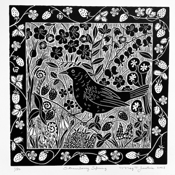 Strawberry Spring linocut in black,Blackbird in the Garden Linocut print , wildflower art, original art, nature linocut