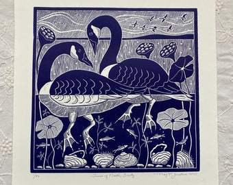 Geese of North Sauty linocut in blue,Canadian goose linoprint,bird linocut,wild geese art,bird blockprint,bird lovers gift,bird art,lake art