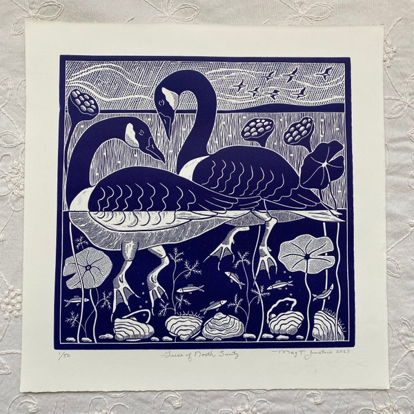 Geese of North Sauty linocut in blue,Canadian goose linoprint,bird linocut,wild geese art,bird blockprint,bird lovers gift,bird art,lake art