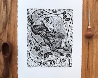 Escaping The Fox linocut, limited edition original rabbit art, botanical linoprint, rabbit linocut,botanical , Wall art home decor