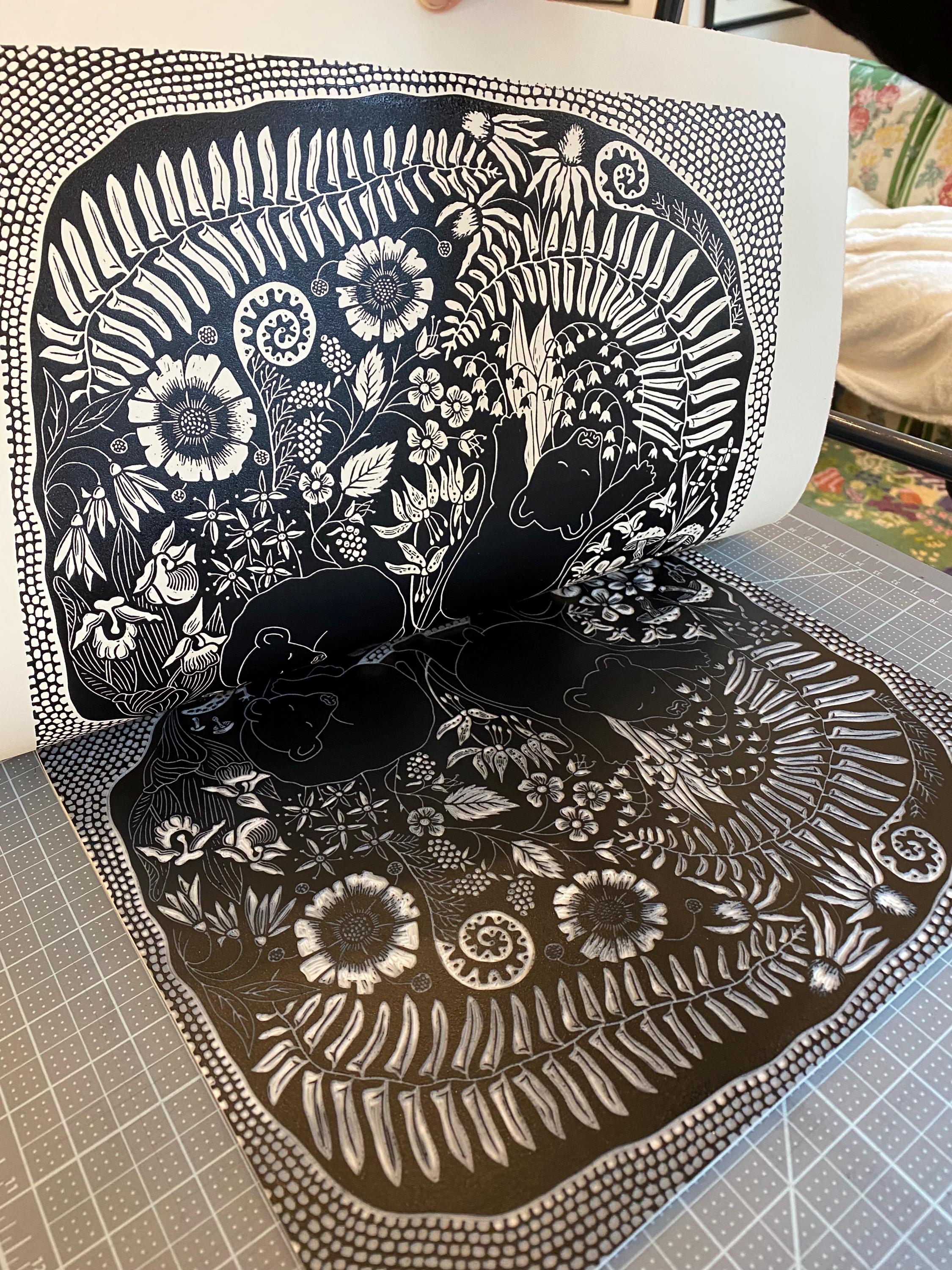 Spring Break Linocut Dreaming of Spring Linocut in Black,black Bear Linocut Print, Mama and ...