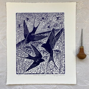 The Acrobats linocut print in blue, barn swallow art, wall art, home decor, bird lovers gift,bird art,gardener gift, bird linoprint,blue art