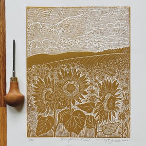Sunflower Field linocut print in yellow ochre, limited edition art,sunflower art,wall art,gardener gift,flower lovers art,sunflower art,