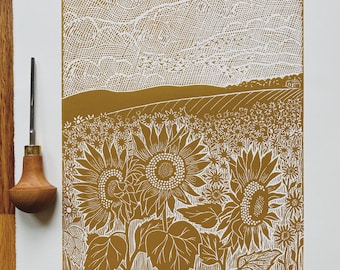 Sunflower Field linocut print in yellow ochre, limited edition art,sunflower art,wall art,gardener gift,flower lovers art,sunflower art,