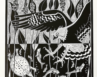 Osprey Linocut Print in black, Water Bird Art with turtle and fish,nature linocut,handprinted bird blockprint,Osprey original art