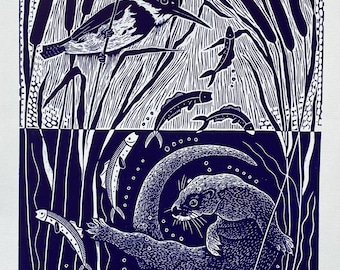 The River Ballet linocut in blue,otter linocut,kingfisher linocut,riverlife blockprint art,bird art,wall art,nature linocut,original art