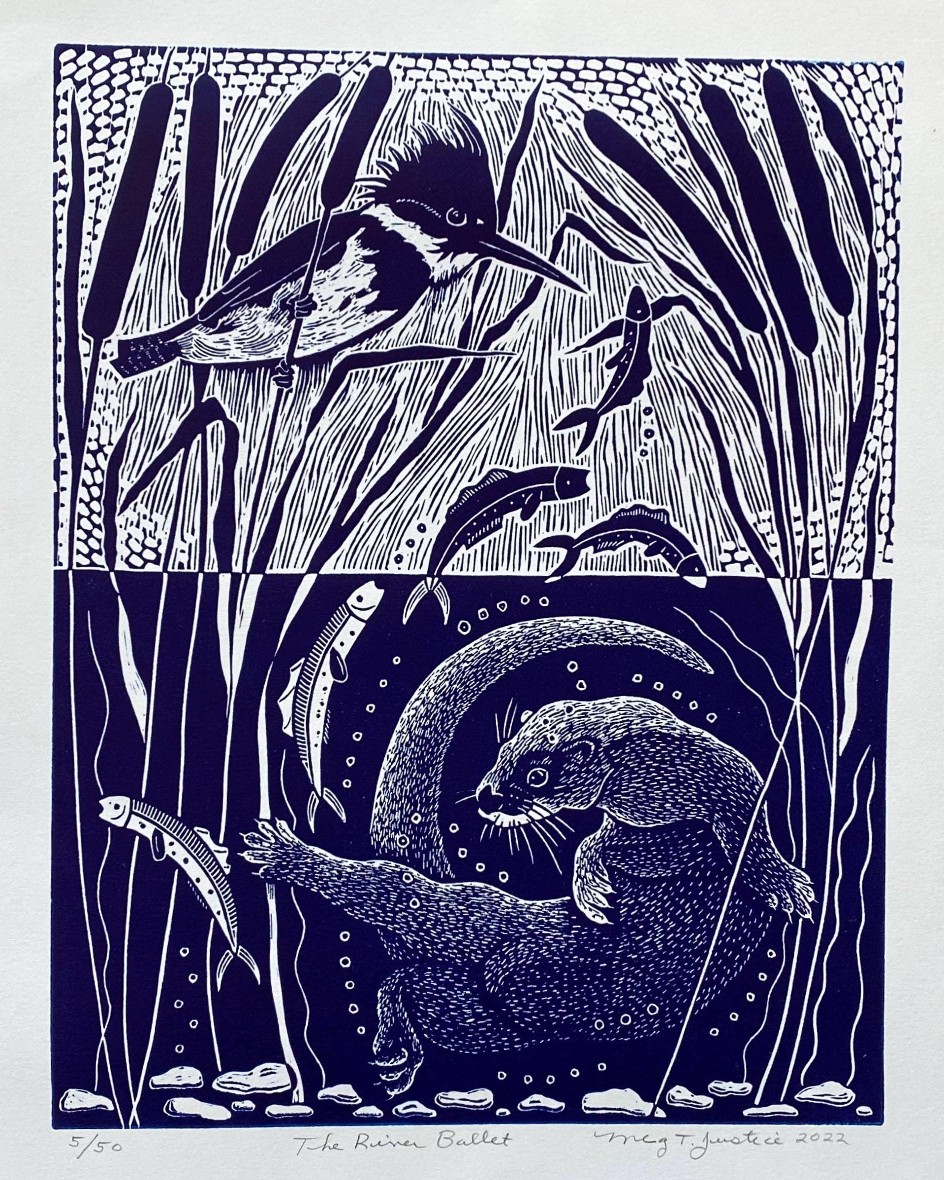 The River Ballet Linocut in Blue,otter Linocut,kingfisher Linocut