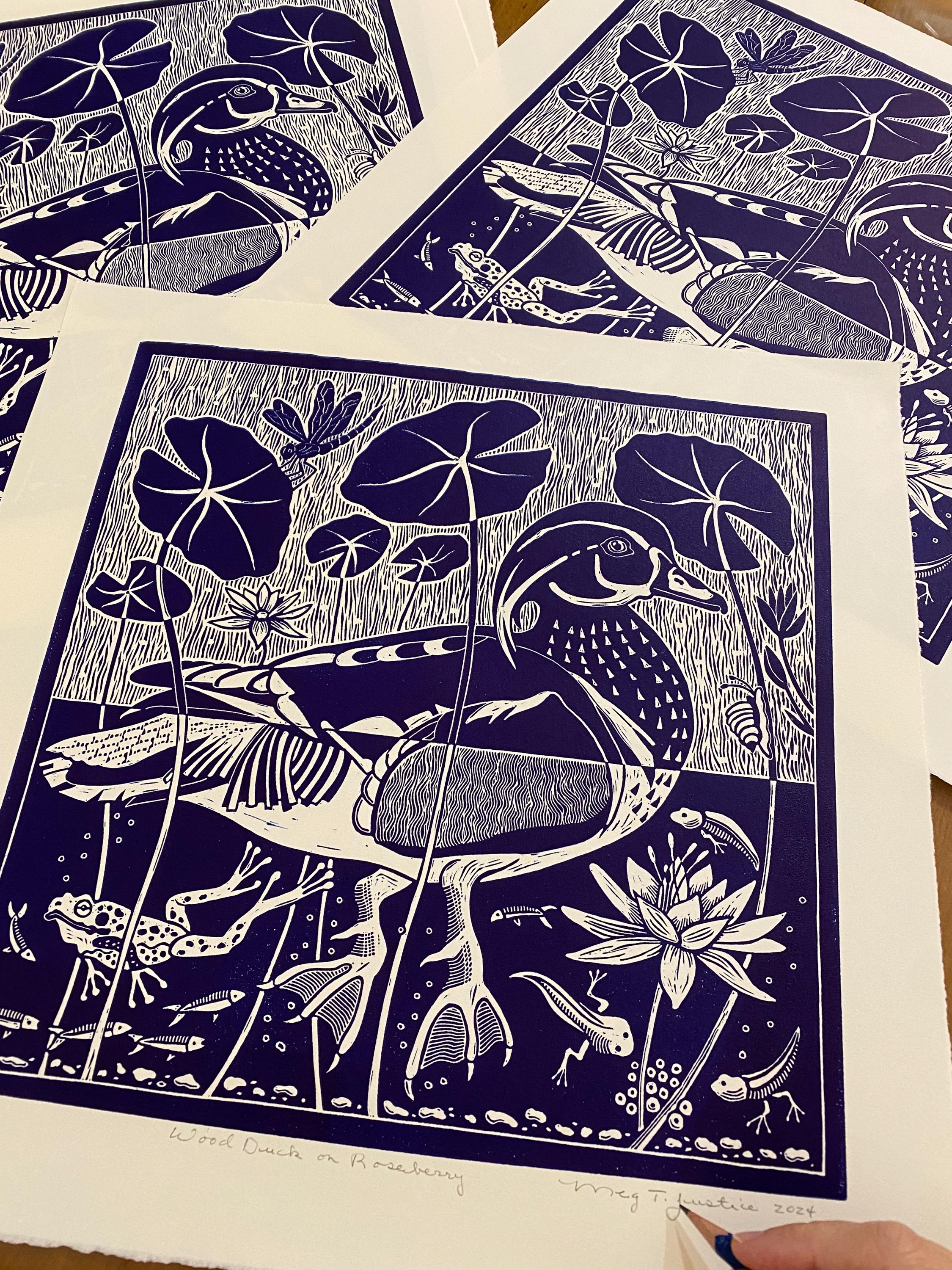Woodduck Linocut in Blue, Duck Linocut, Bird Linocut,wild Waterbird Art ...