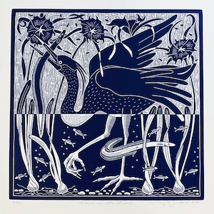 Heron in the Lilies Linocut Print, Blue and white art, water Bird art with eel and fish Blockprint,handprinted art, nature linocut