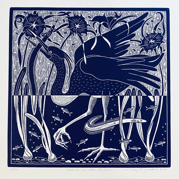 Heron in the Lilies Linocut in Blue, original water Bird art with eel and fish,handprinted linocut art, nature linocut